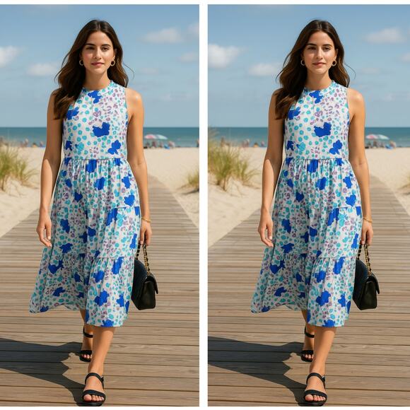 TUCKERNUCK x OLIPHANT Petite Fleur Ruffle Midi Dress Cotton Silk Blue Sz S {HH6} - Picture 1 of 5